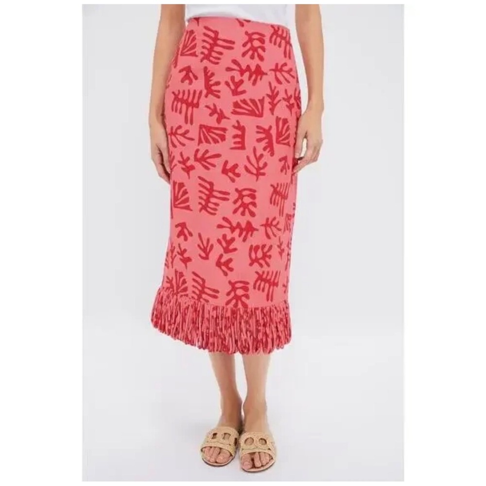Hyacinth House Cozumel Pink Red Coral Reef Print Fringe Hem Midi Skirt XXS